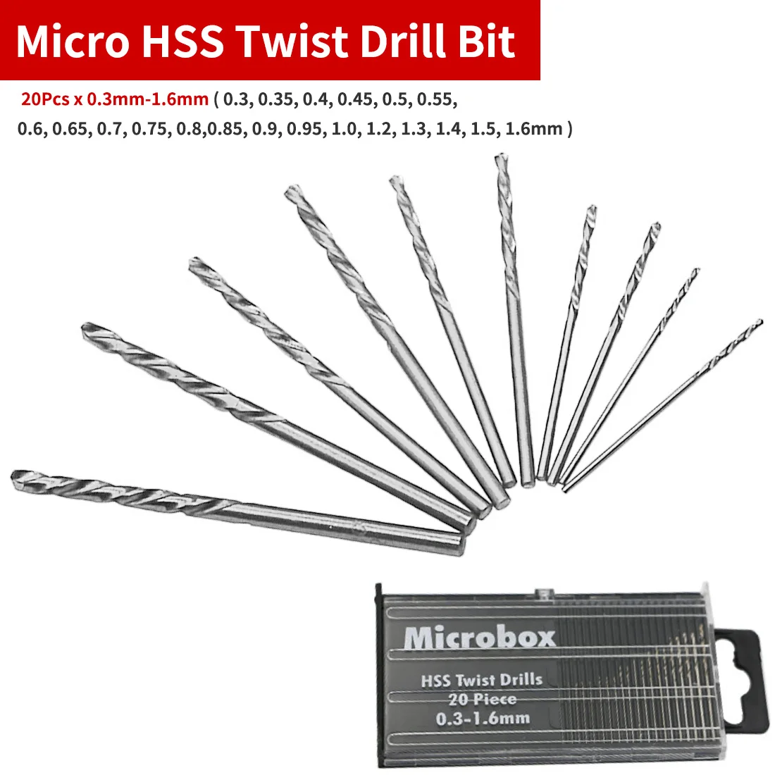 

20Pcs Mini drill bit High Speed Steel HSS Micro Twist Drill Bit Set 0.3mm-1.6mm Model Craft With Case Repair Parts