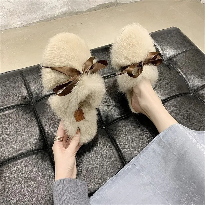 

New Winter Cozy Fuzzy Home Slippers Memory Foam House Outdoor Indoor Warm Silent Women Shoes Cute Bowknot Plush Comfort Non-Slip