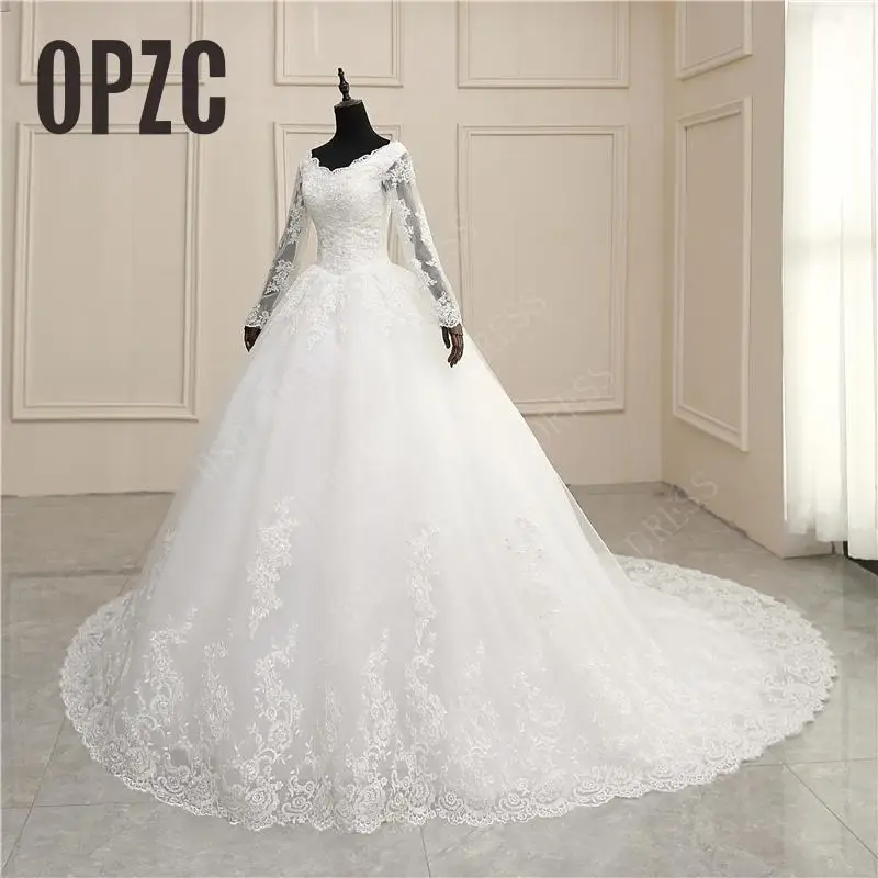 Свадебное платье с длинным рукавом роскошное кружевное v образным вырезом цвета