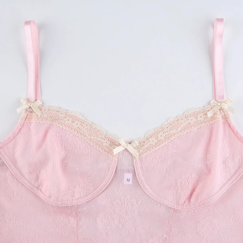 

Y2K Floral Cute Pink Mesh Cami Cropped Women Summer Sexy Sleeveless Milkmaid Top Backless Spaghetti Strap Top Fashion Clothes