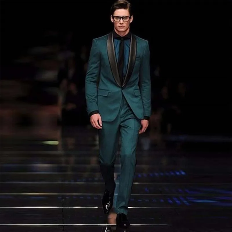 Популярные темно зеленые мужские костюмы с черным воротником шалью Стильная