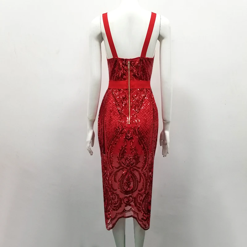 

Elegant high quality sexy women red sequined v neck spaghetti strap Vestido Celebrity evening party bodycon dresses dropshipping