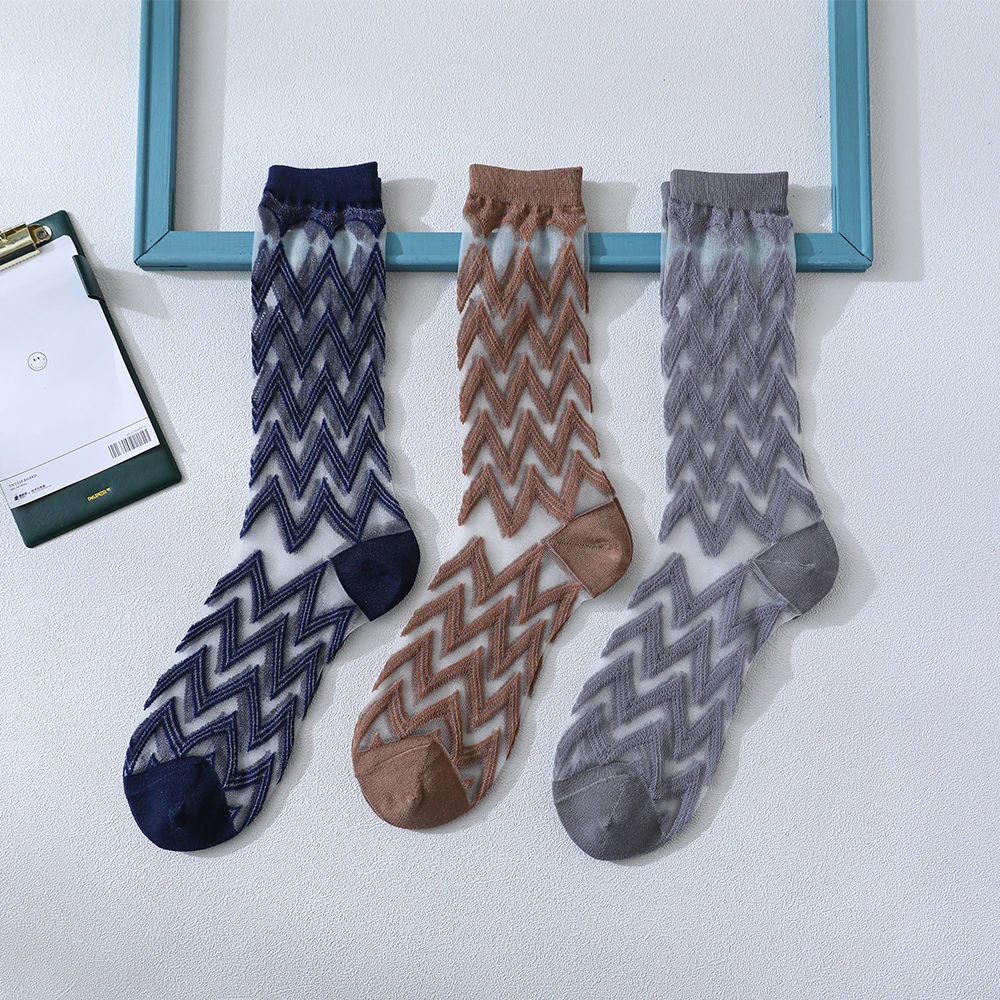 

Salina silk wave jacquard women's socks mid-tube socks nylon all-cotton ultra-thin all-match anti-hook silk socks stacked socks