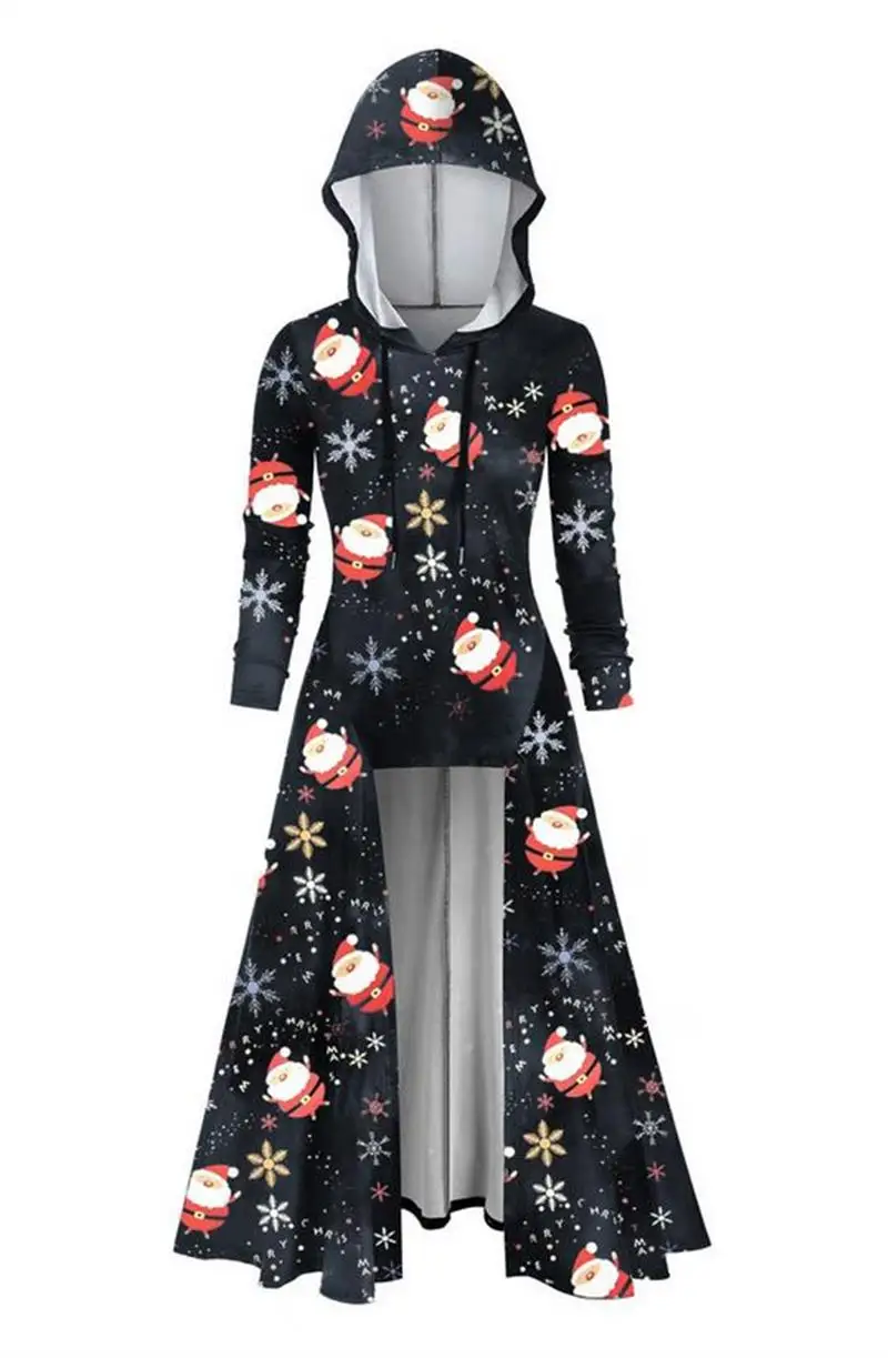

UIDEAZONE Xmas Snowflake Print Hooded Women Dress Long Sleeve Irregular Ladies Dresses A Line Casual 2019 Christmas