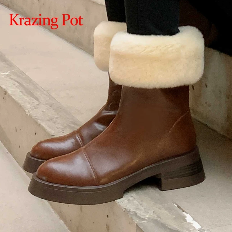 

Krazing Pot new genuine leather round toe high heels snow boots rabbit fur luxury high quality winter keep warm ankle boots L05