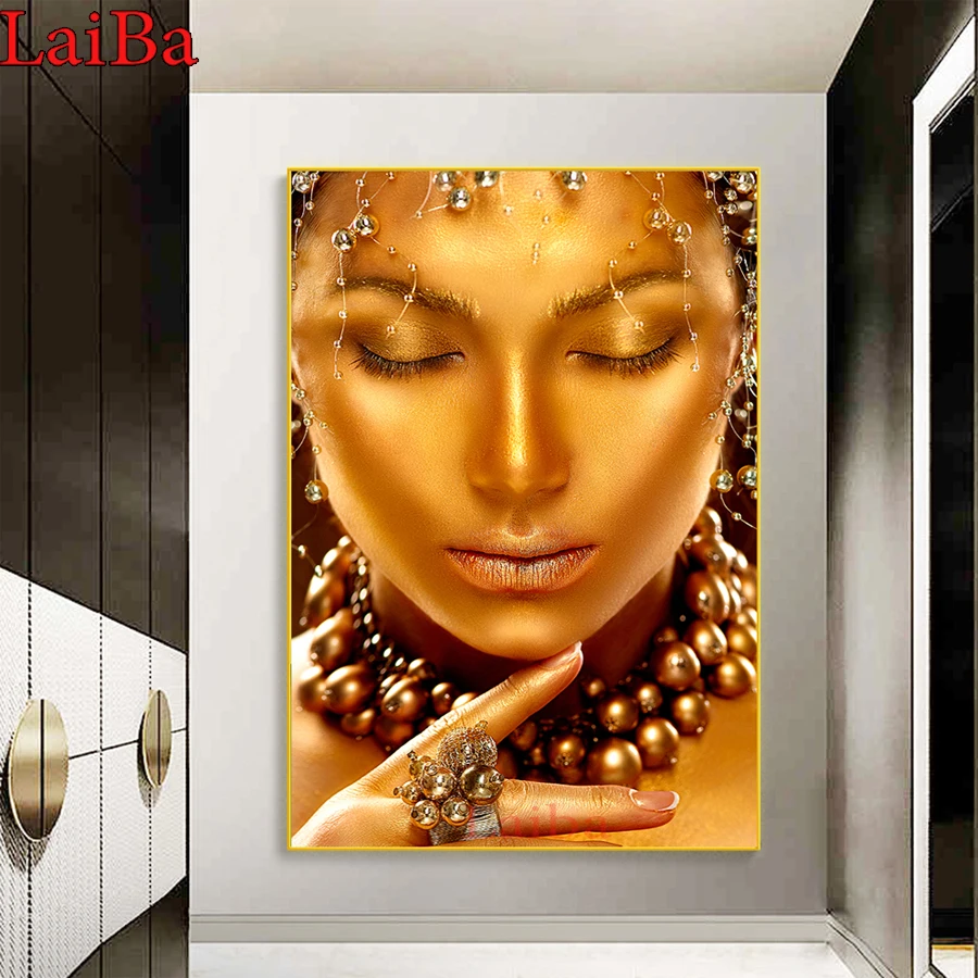 

full square Diamond Embroidery African Makeup Art Diamond Mosaic Rhinestone Diy Diamond Painting Golden woman Cross Stitch kits