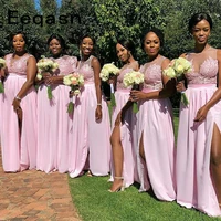 pink chiffon sheer neck lace applique long bridesmaid dress side split african formal party gown plus size vestido madrinha