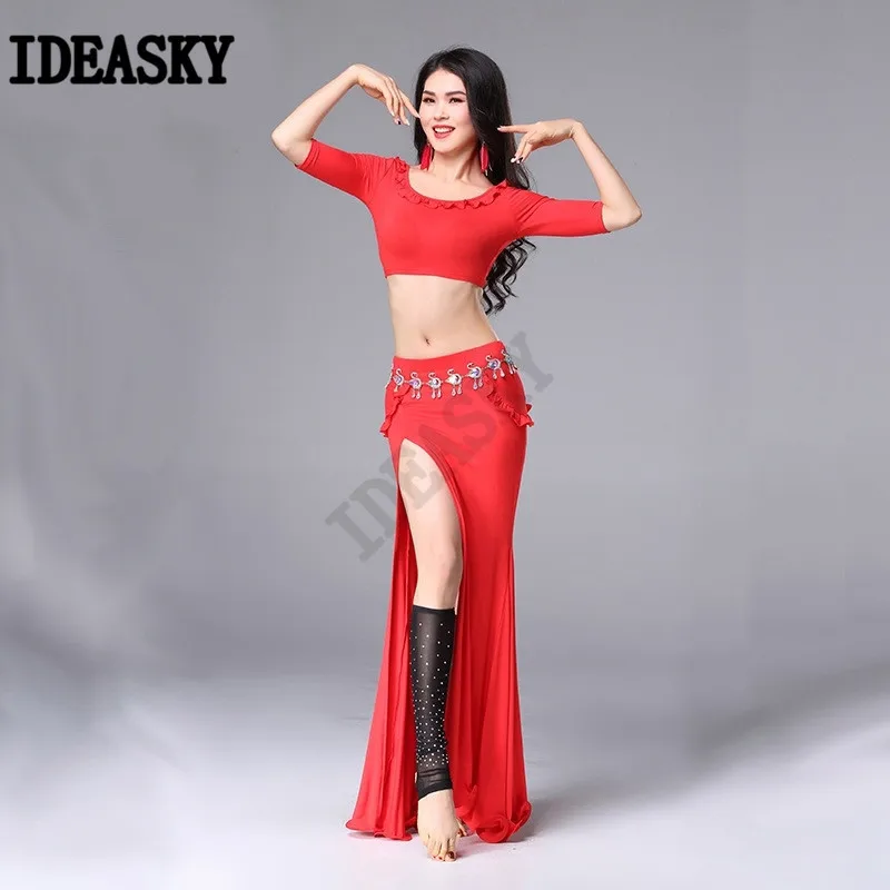Women Oriental Practice Wear Professional Performance Bellydance Belly Dance Costume Set Top Split Long Skirt Slim Clothes suit |