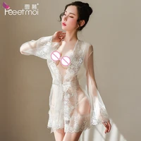 high end stitching lace perspective nightgown bikini suit woman erotic gown nightdress v neck ultra thin sexy lingerie dress