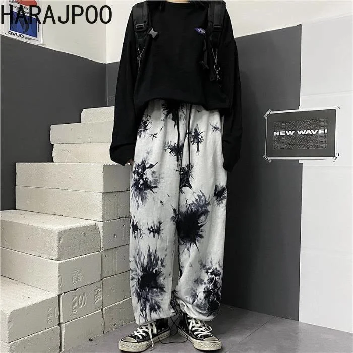 

Harajpoo Women Pants South Korea Ins High Street Straight Leggings Loose Thin Wild Retro Tie-dye Wide-leg Casual Couple Trousers