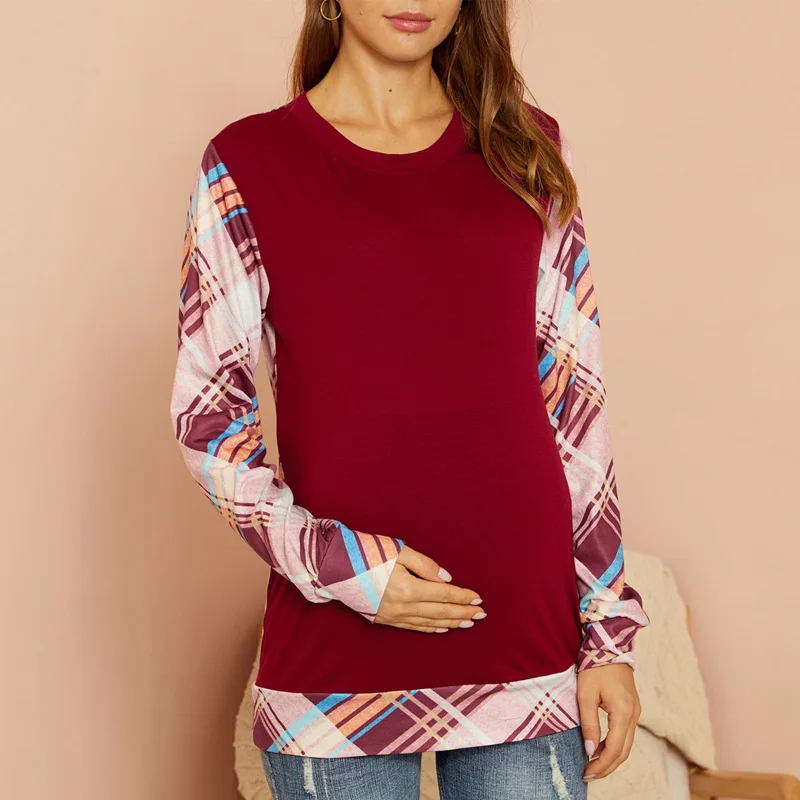 

Fashion and Elegant Checkered Color Matching T-sleeve Women's Autumn O-neck Long-Sleeved Pullover Bottoming Shirt Maternity Wear