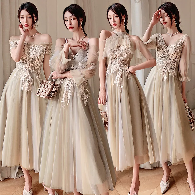 

Bridesmaids Dresses Illusion V-Neck Appliques Embroidery Pleat A-Line Spaghetti Straps Ankle-Length Lady Wedding Party Gown E394