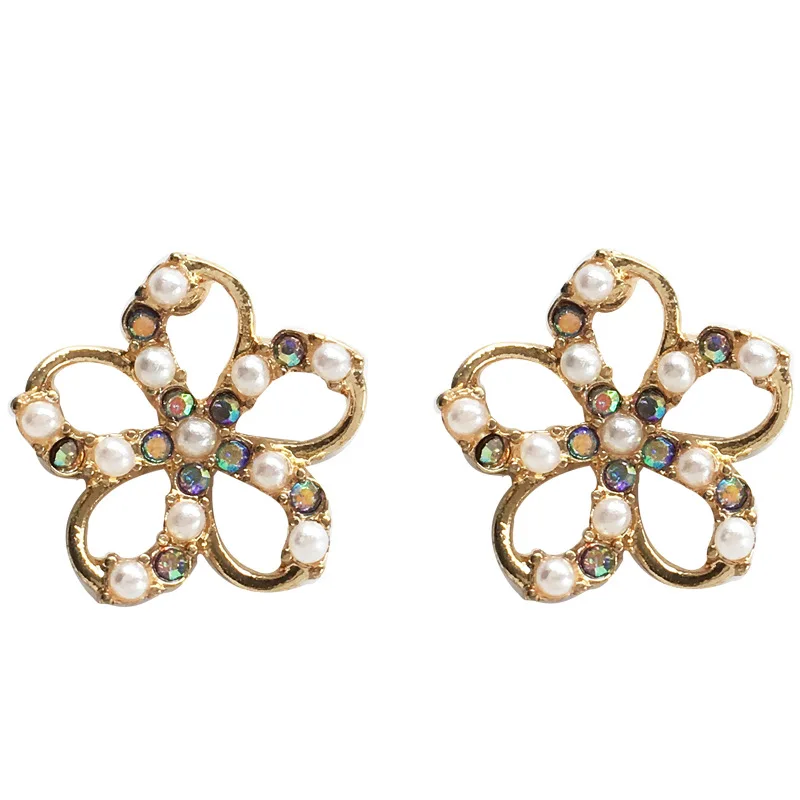 

Delicate New Jewelrys Golden Flower Earrings Sweet Pearls Colorful Crystal Earrings Korean Jewelry Gifts For Women Girl