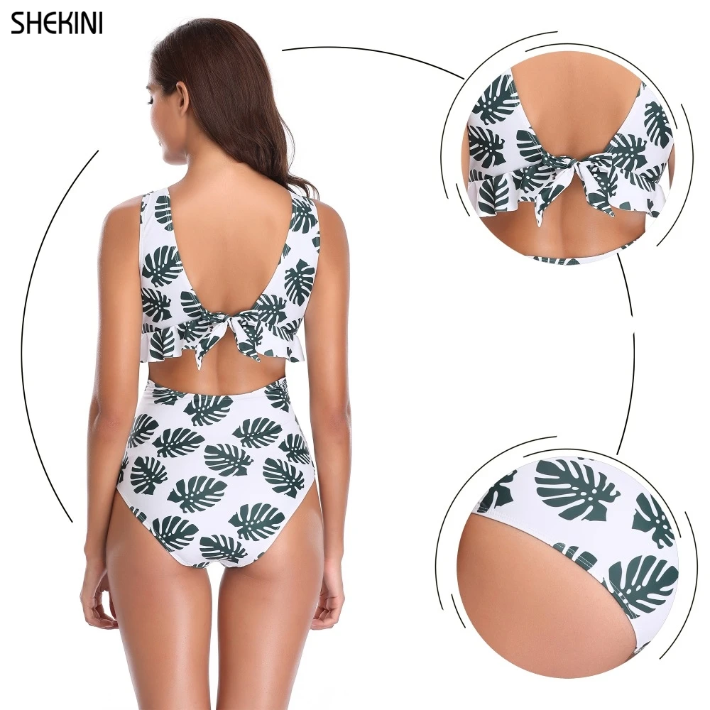 SHEKINI Цельный купальник с цветочным принтом глубоким V-образным вырезом и оборками