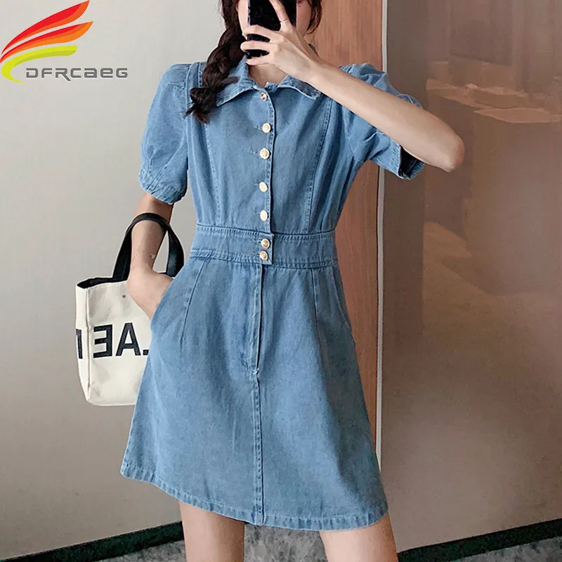 

A Line Dress Women Summer 2020 Short Puff Sleeve Turn-down Collar Button Up Denim Dress Woman Korean Style Casual Jeans Dresses
