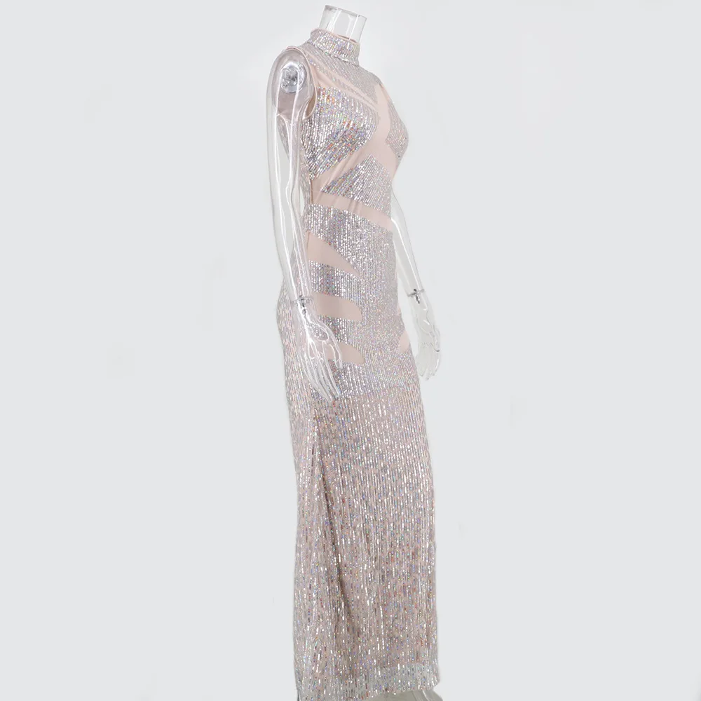 

Celebrity Sexy Women's Sleeveless Stand Collar Sequin Embroidery Dress New Long Dress Sleveless Luxury Club Party Dresses