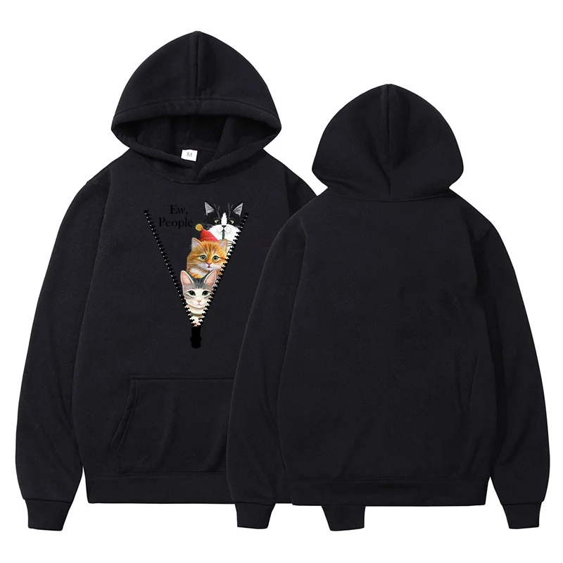 Fashion Women Sweetshirts Hoodie Cute Zipper Cat & Black Cat Print Hooded Tops Harajuku Female Pullover Hoodies