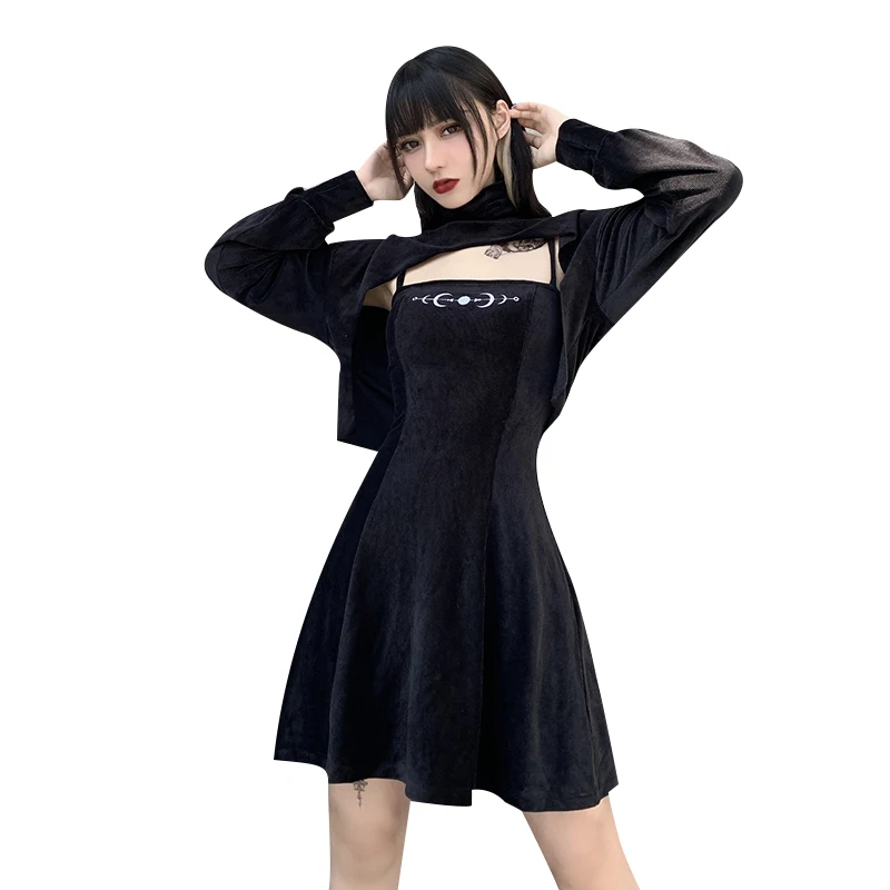 

Gothic Clothes for Women Sexy BF Tops Moon Embroidery High-Waist Sling Black Dress Punk Outfit
