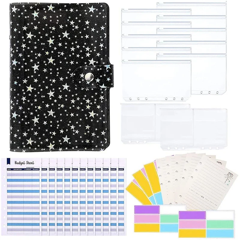 

A6 Binder PVC Cover with 10 Clear Binder Pockets, 6-Ring Budget Binder Envelopes System Budget Planner Organizer