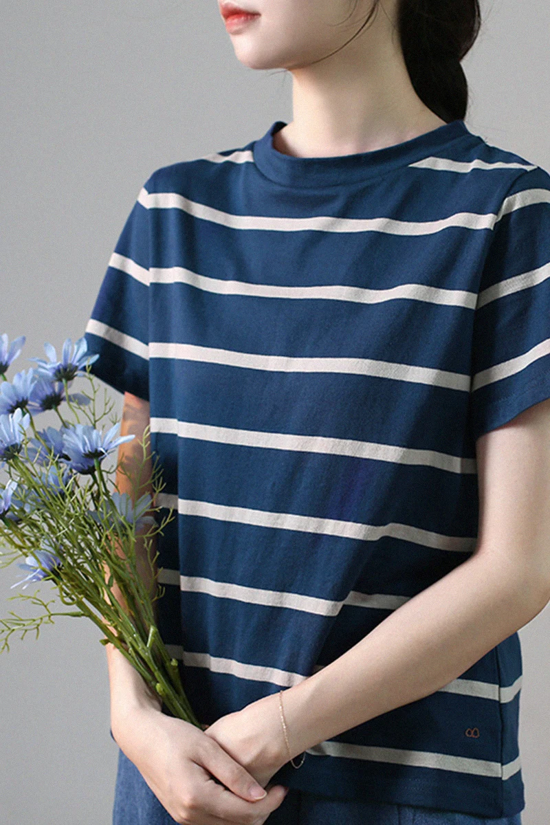 

Summer New Women Basics All-match Soft Casual Artistic Striped Comfortable Water Washed Cotton Pullover T-shirts Tops