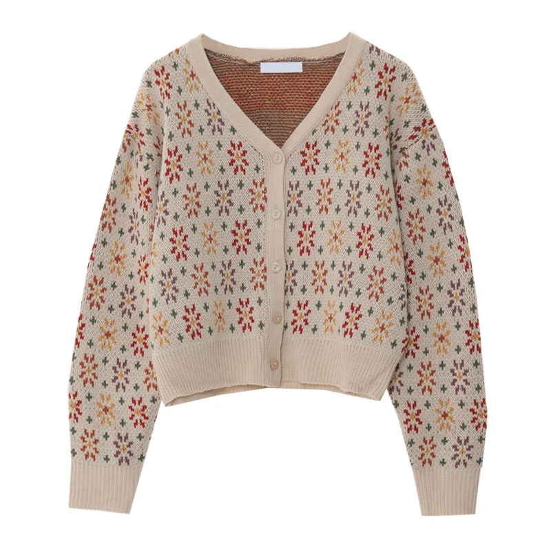 

Women 2021 Fashion Loose Flower Embroidery Knitted Cardigan Sweater Vintage V Neck Long Sleeve Female Outerwear Chic Tops