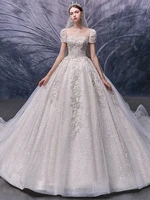 luxury wedding dresses o neck lace appliques beaded crystal illusion saudi arabia princess short sleeve bridal gown elegant 2022
