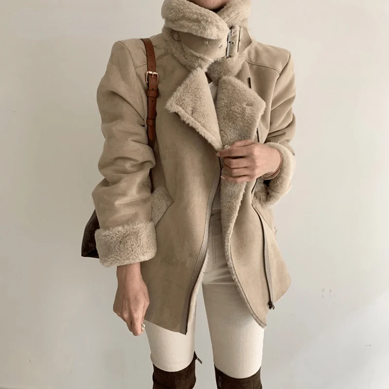 

2021galcaur Korean Fashion Winter Coat for Women Lapel Collar Long Sleeve Straight Winter Coats Female Korean Fashion Clothing