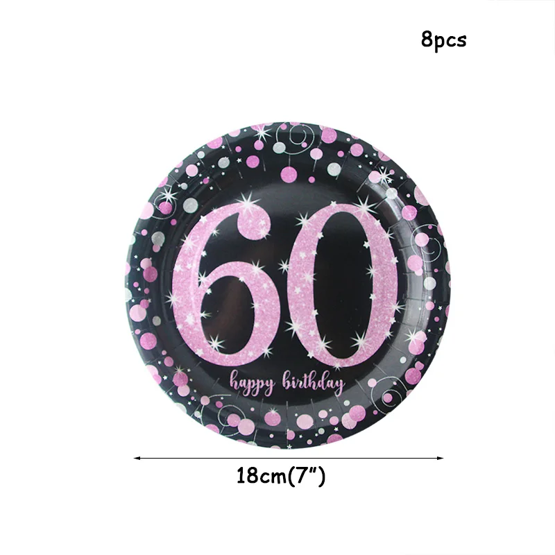 8pcs 7inch plates 60 30th 40th 50th день рождения одноразовая посуда Взрослые День Рождения принадлежности для вечеринки воздушный шар вечерние украшения 30 40 50 лет - Цвет: 8pcs 7inch plates 60