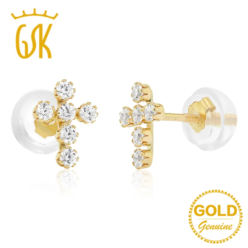 GemStoneKing 14K желтое золото серьги гвоздики 4 мм в форме Креста Белый CZ Винт Назад