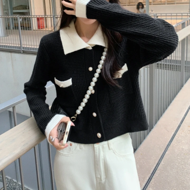 

Casual Korean Knitted Cardigan Tops Women 2021 Autumn Elegant Button Polo Collar Kawaii Sweater Female High Street Chic Clothing