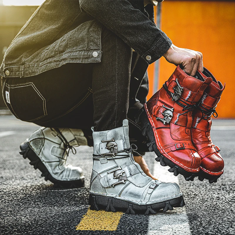 Мужские сапоги из натуральной кожи с черепом в готическом стиле панк мотоботы