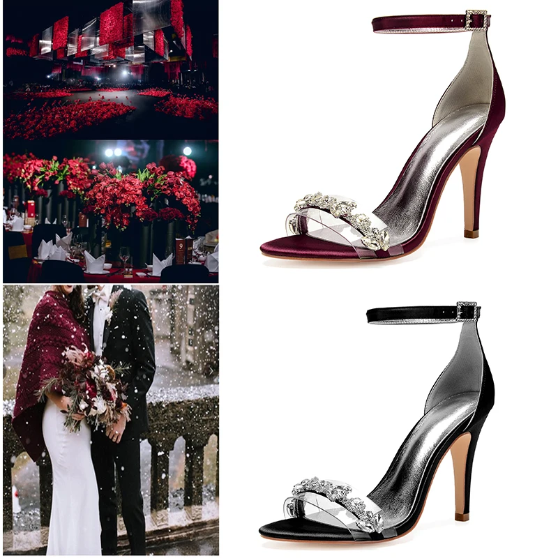 

Casual Bridal Wedding Pumps Open Toe Satin Rhinestones Bridesmaid Dress Shoes Ankel Strap Evening Party Sandals Daily High Heels