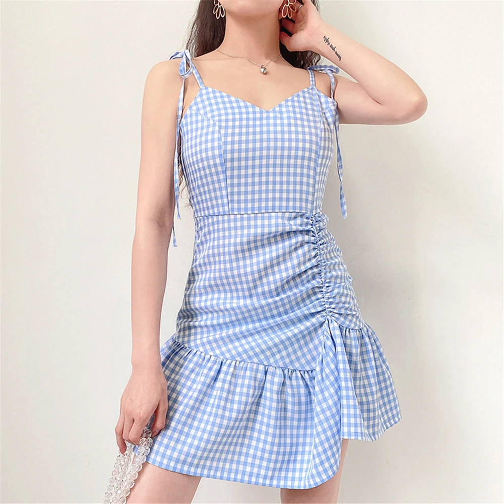

Dress for Women Ruffle Lattice Print Spaghetti Strap Summer Fresh Plaid Female Folds New Stylish Slim Woman Dress Lady Clothing