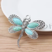 2 pieces tibetan silver large dragonfly faux stone charms pendants for necklace jewellery making findings 60x53mm