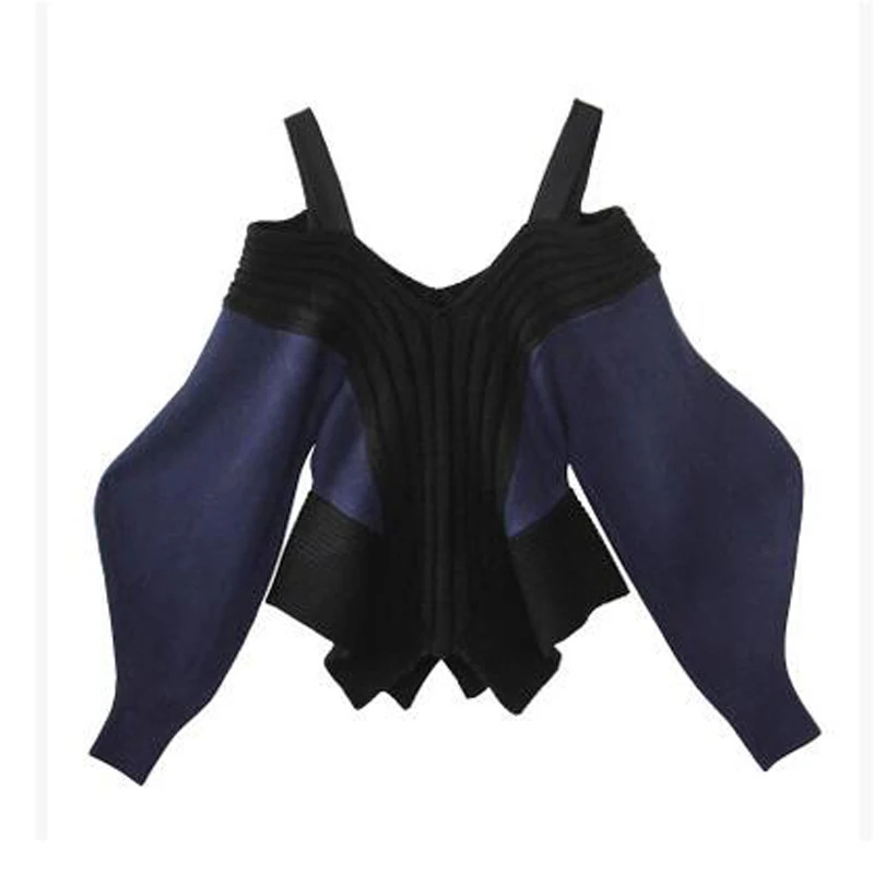 navy blue DEAT белый v-образный вырез с длинными рукавами без бретелек неровный короткий вязаный Топ на бретельках Женская Сексуальная простая Мода Весна Зима Новинка TD061 - Цвет: navy blue