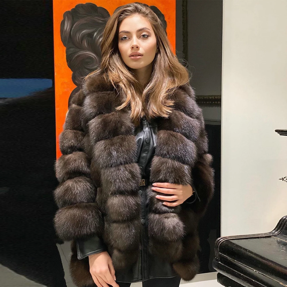 

Women's Winter Jacket Natural Fox Fur Dark Sable Color Whole Skin Genuine Fox Fur Coats with Turn-down Collar Trendy Overcoats