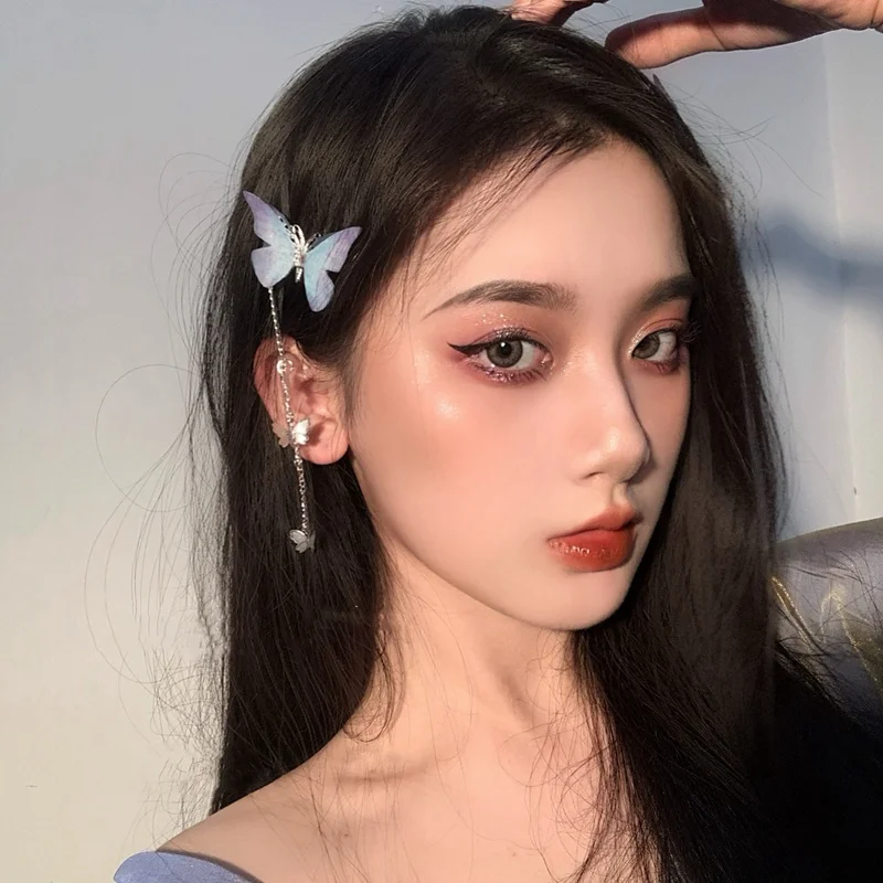 

MENGJIQIAO New Korean Yarn Butterfly Hairpins Elegant Metal Tassel Long Hair Clips For Women Fashion Party Hair Accessories