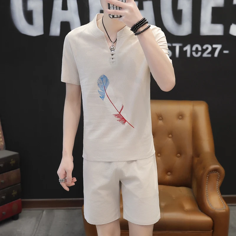 

summer Cotton linen short-sleeved Sets men tshirt Shorts Suit Sets Male Chinese style men two-piece set Asia size