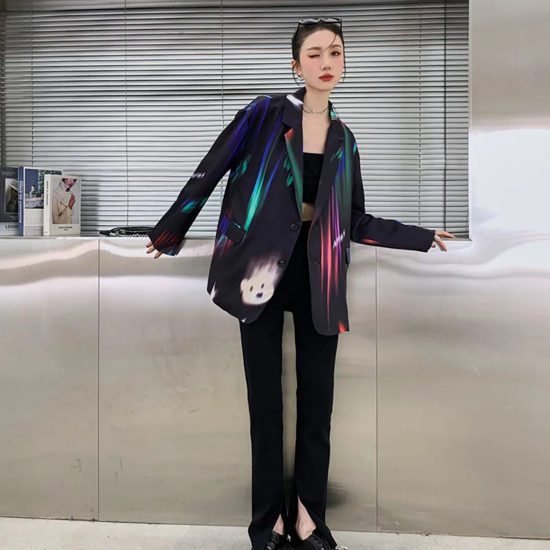 

LANMREM Women Black Gradient Blazer New Arrivals Notched Long Sleeve Loose Fit Jacket Fashion Tide autumn winter 2021 2E1934