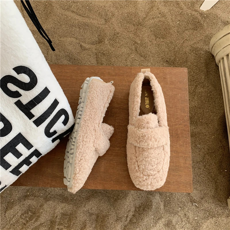 

Casual Wool Fur Loafers Women Autumn Winter Slip on Flats Shoes Square Toe Comfortable Shoes Furry Slides New Zapatos De Mujer
