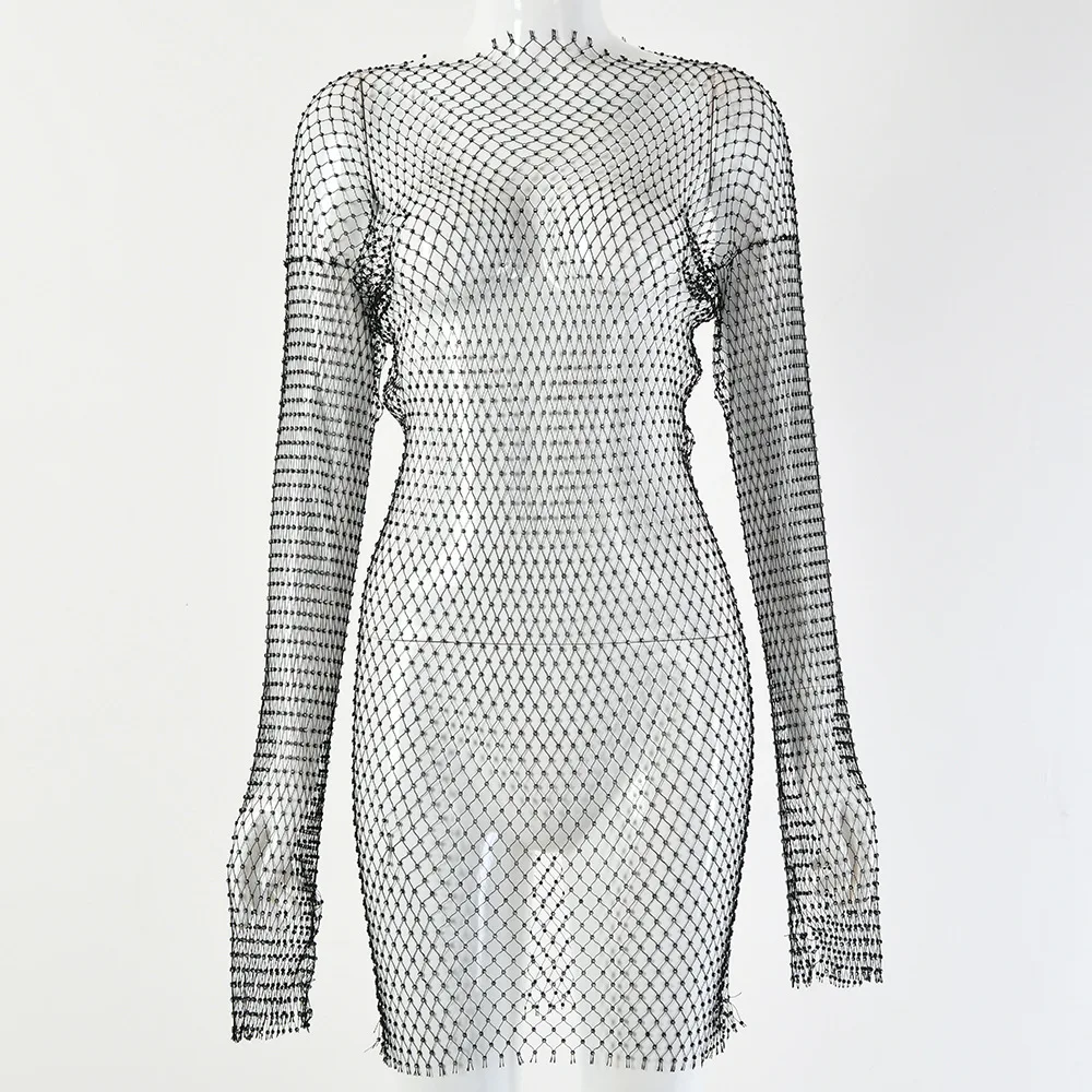 

DIRTYLILY New Crystal Diamond Sexy Bodycon Dress Women Hollow Out Long Sleeve Mini Dress 2020 Summer See Through Party Dress