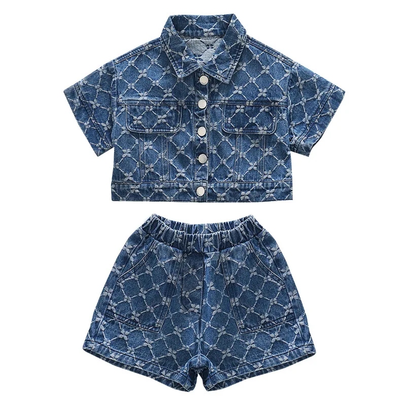 

Модный летний Джинсовый комплект одежды для девочек из 2 предметов, детский однобортный Топ с короткими рукавами для малышей, куртка, коротк...