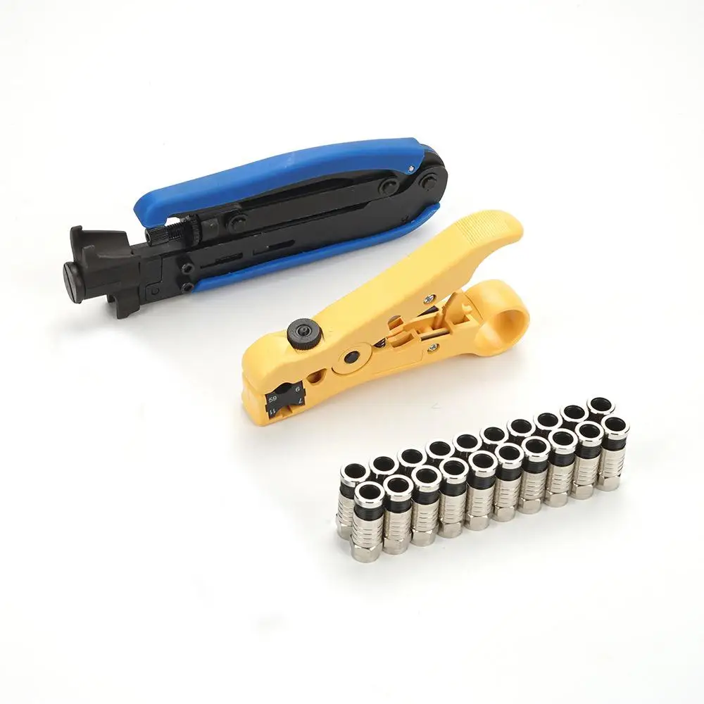 

Multitool Wire Stripping Squeezing Pliers Coaxial Cable Cold Press Clamp RG59 RG6 Cable TV Crimping Tool Set with 20 F Heads