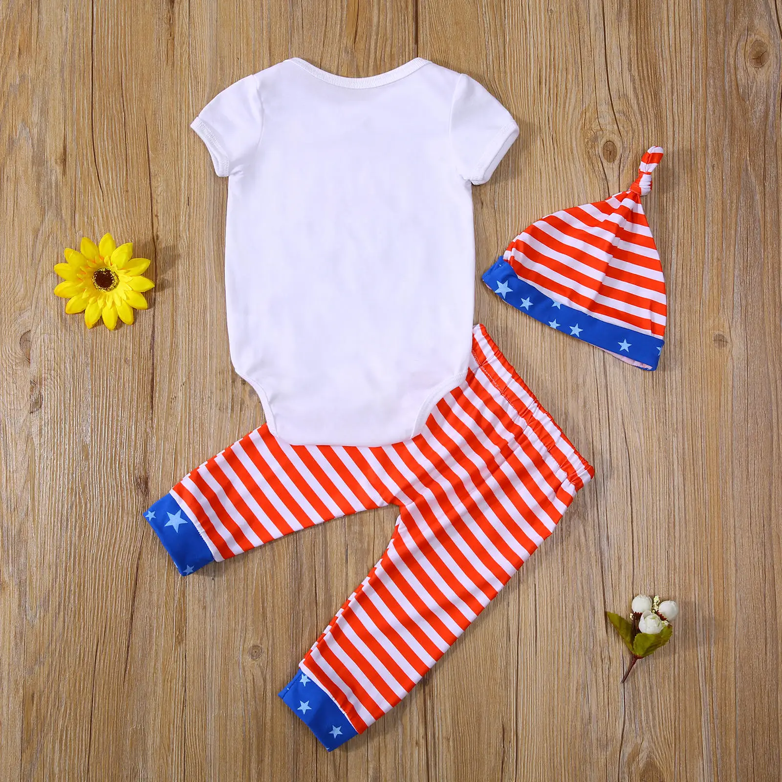 

2021-03-27 Lioraitiin 3 Pcs Set 0-18M Independence Day Outfits Baby Boy Cartoon Short Sleeve Romper + Star Stripe Print Pants