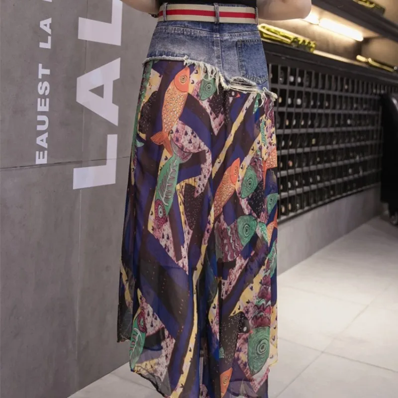 Женская джинсовая юбка с цветочным принтом длинная трапециевидная высокой