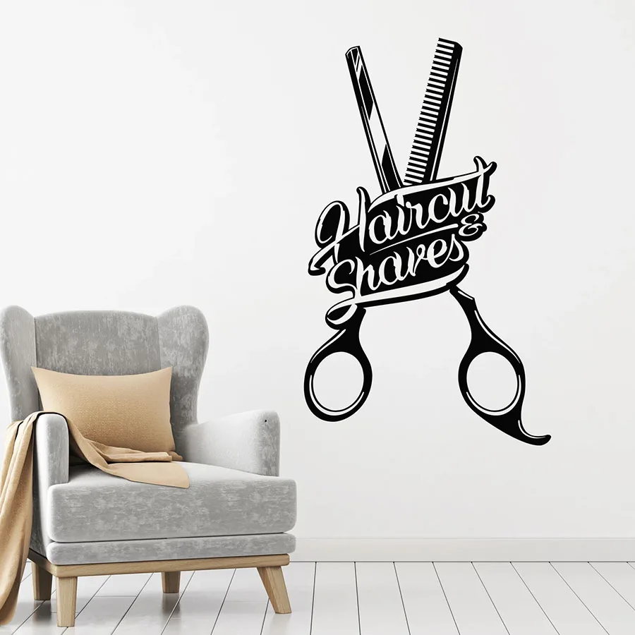 

Haircut Shaved Wall Decal Words Comb Scissors Barber Shop Hair Salon Interior Decor Vinyl Window Stickers Art Mural Modern C075
