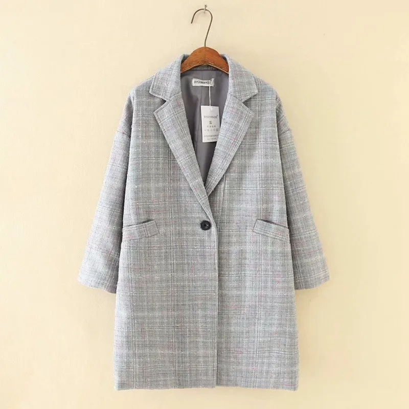 Женский шерстяной Блейзер большого размера верхняя одежда в клетку свободного