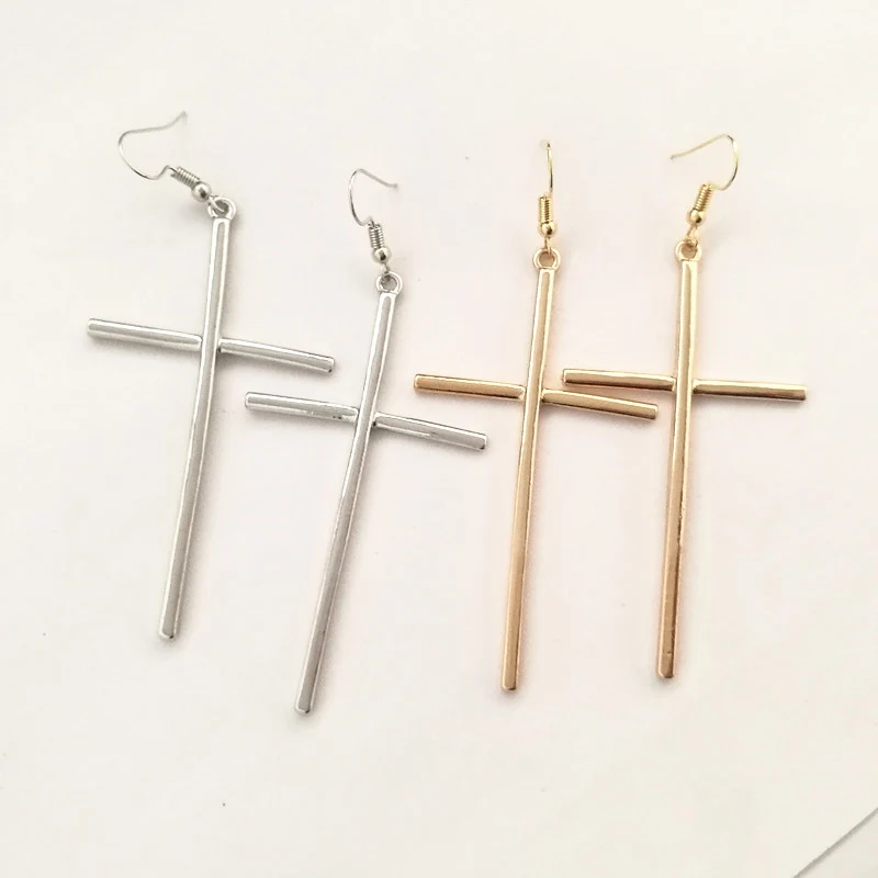 

2021 1 Pair Fashion Simple Ethnic Big Cross Long Earrings for Women Gold Silver Color Drop Earrings Jewelry Elegant Female Gift
