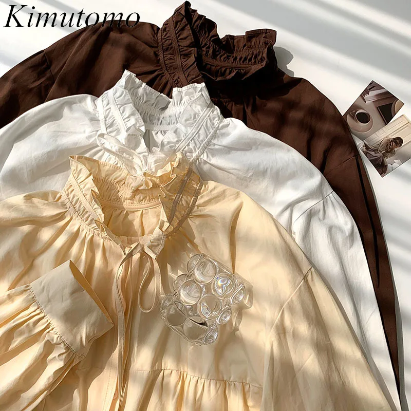 

Шикарная однотонная женская блузка Kimutomo, новинка весны 2021, женская рубашка во французском стиле с воротником-стойкой и бантом, на шнуровке, ...