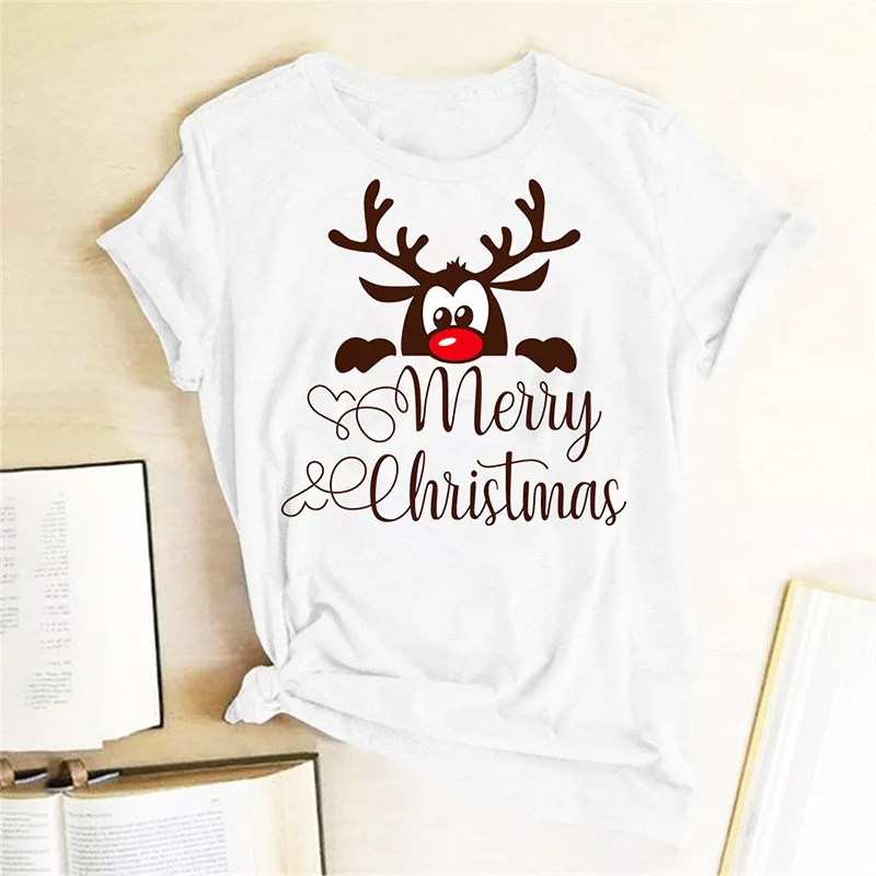 

Cartoon deer head print Christmas T-shirt ladies short sleeve round neck Harajuku graphic T-shirt Christmas top women